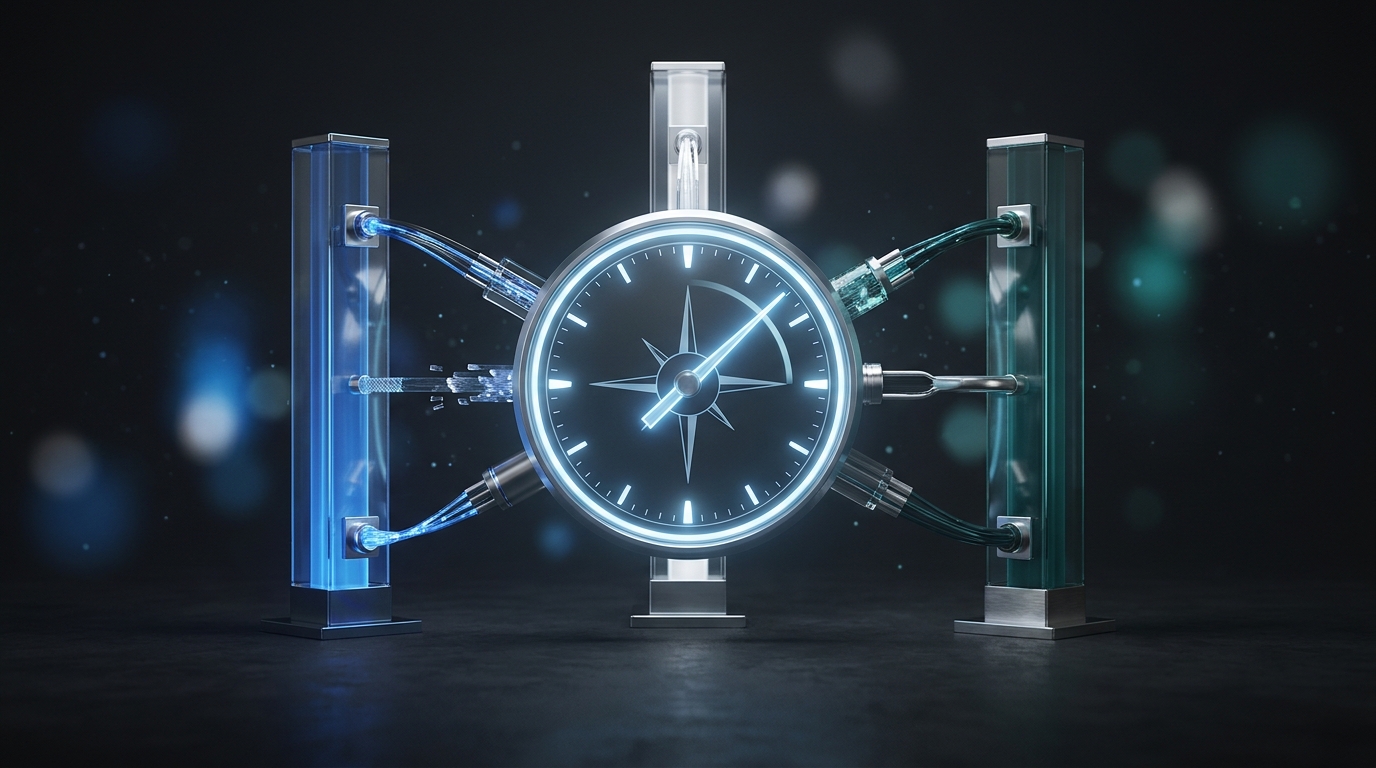 A precision scoring dial glowing against a dark background, surrounded by three interconnected quality pillars representing CTR, ad relevance, and landing page experience