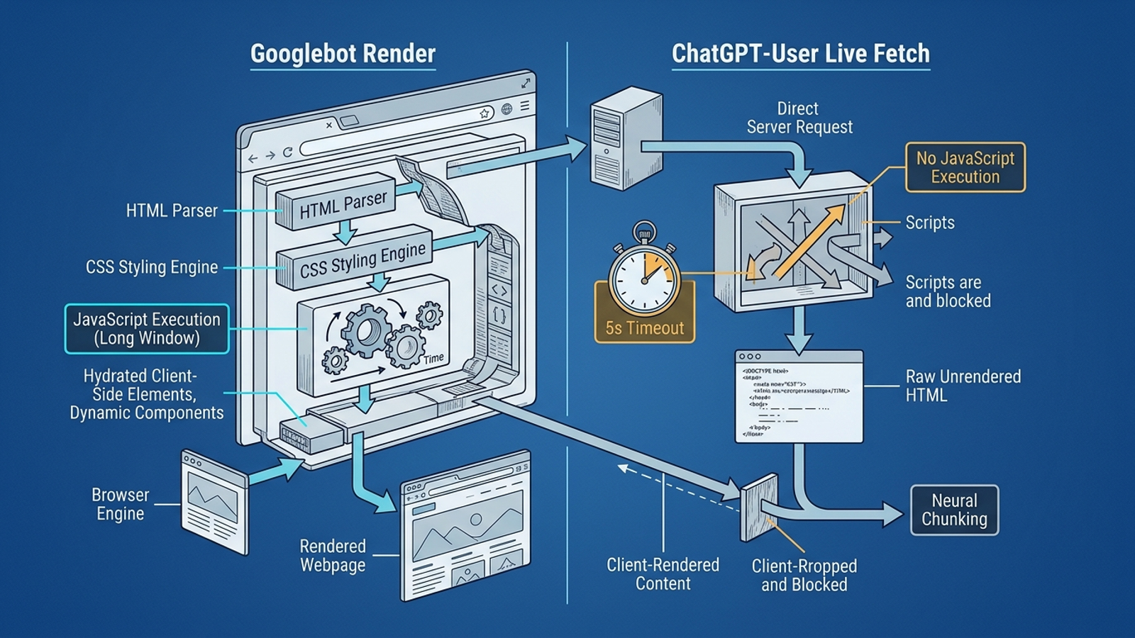 Diagram contrasting a search crawler’s rendered-page view with an AI user fetcher’s raw HTML request.