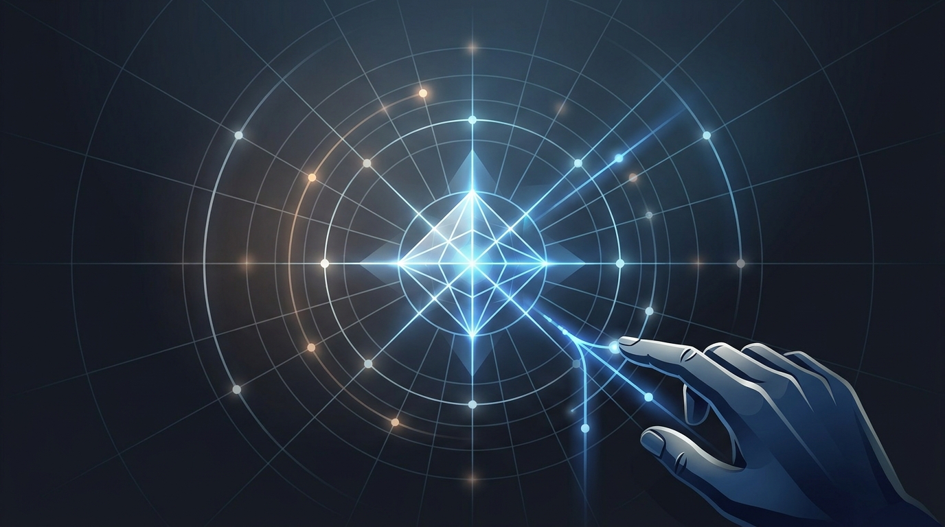 A glowing AI neural network node at the center of a vast grid, with a human hand reaching in to adjust a single control point amid streams of automated light