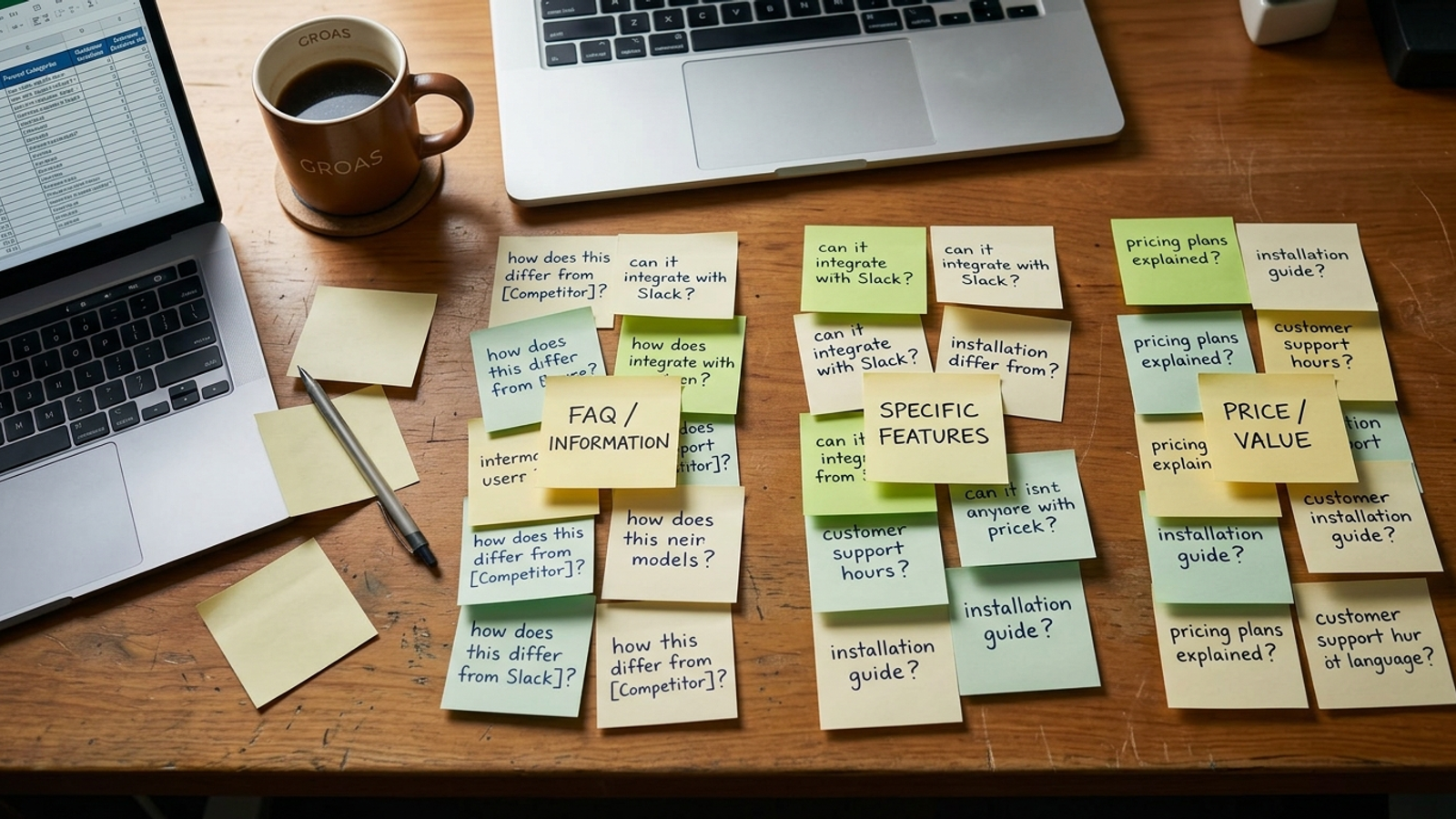 Photograph of sales-call questions on sticky notes sorted into branded, unbranded and comparison piles