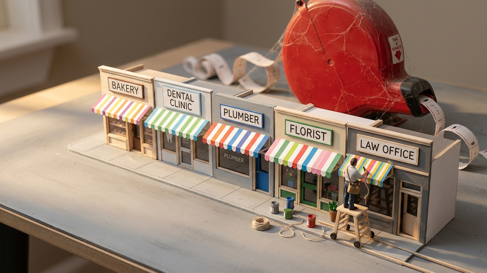 A tiny worker on a ladder fixes up five model shopfronts while a giant dusty 'take a number' dispenser looms behind, its ticket queue ignored.