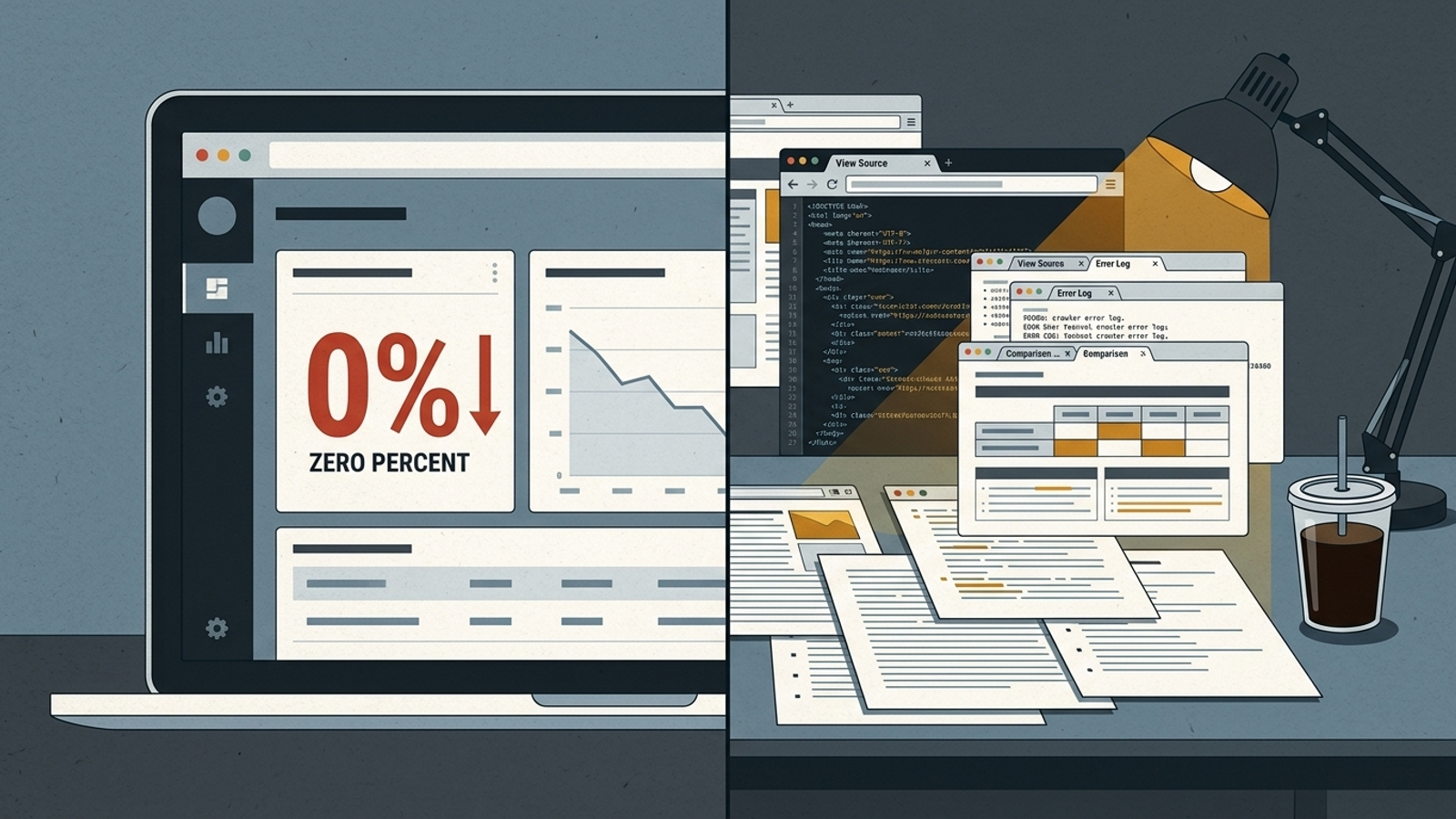 Illustration of a monitoring dashboard beside a desk covered in technical audits and source code.