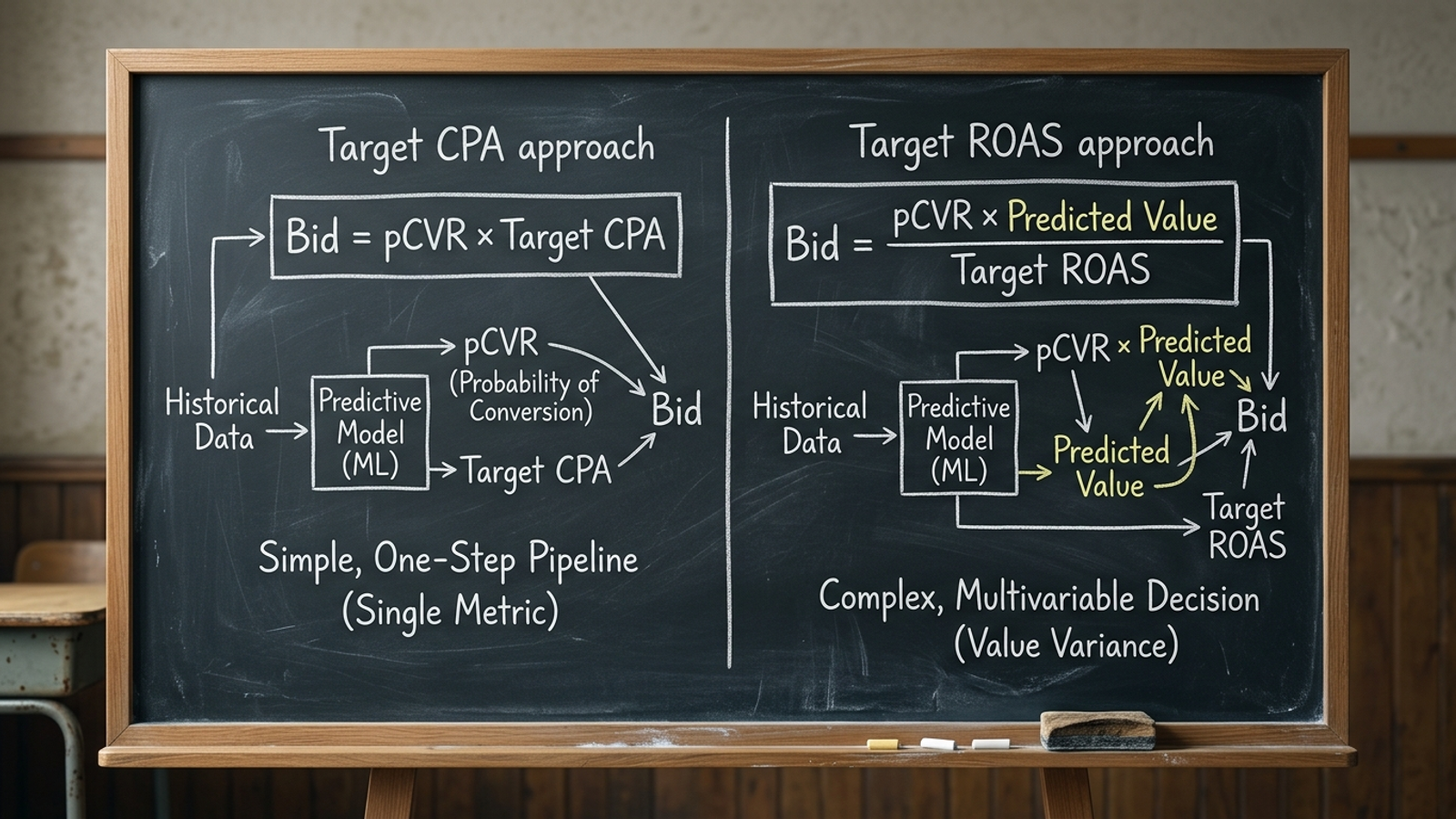 Diagram contrasting Target CPA and Target ROAS bid calculations, with predicted conversion value added for ROAS.