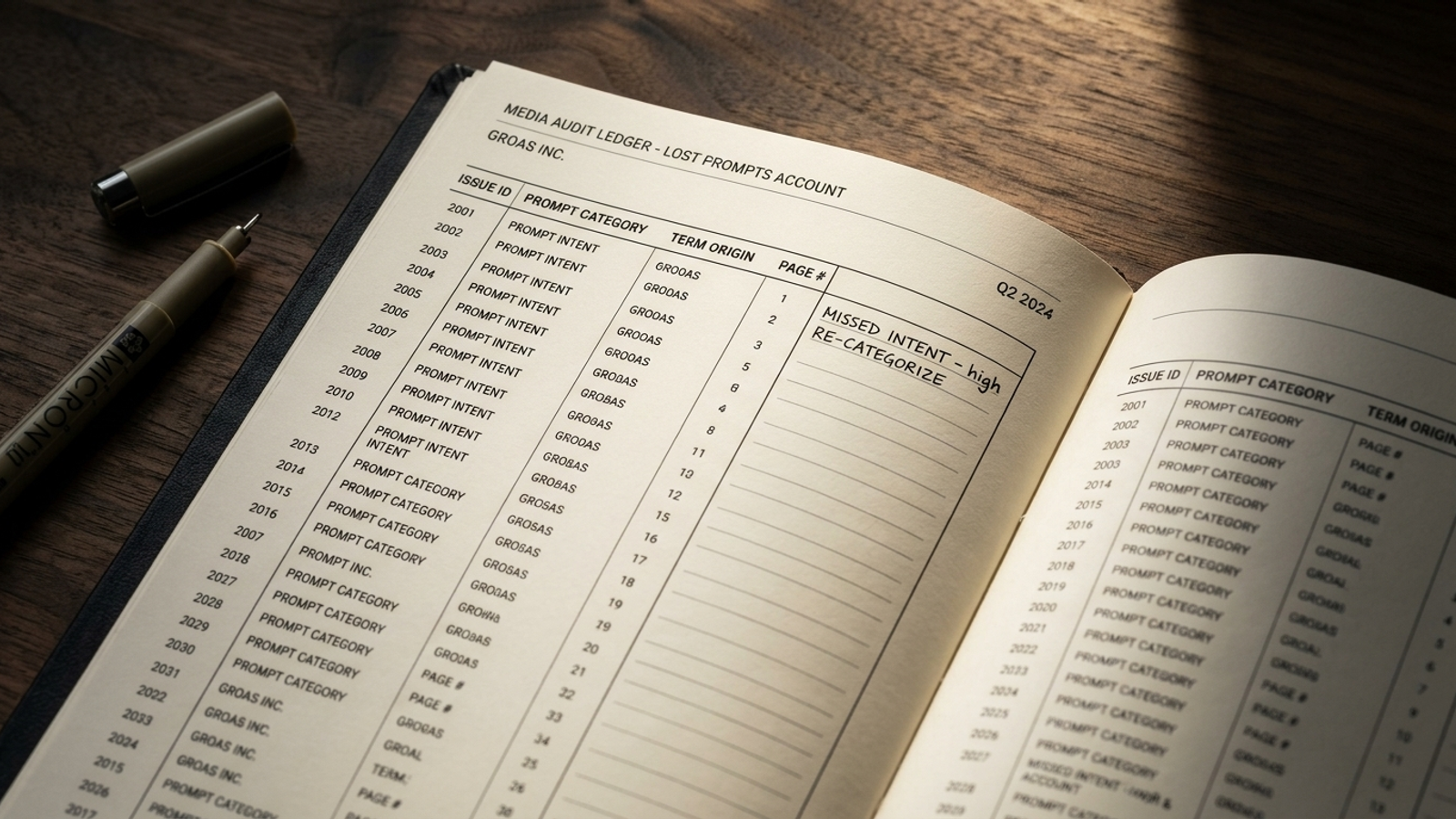 An open audit binder with data tables and red margin annotations.