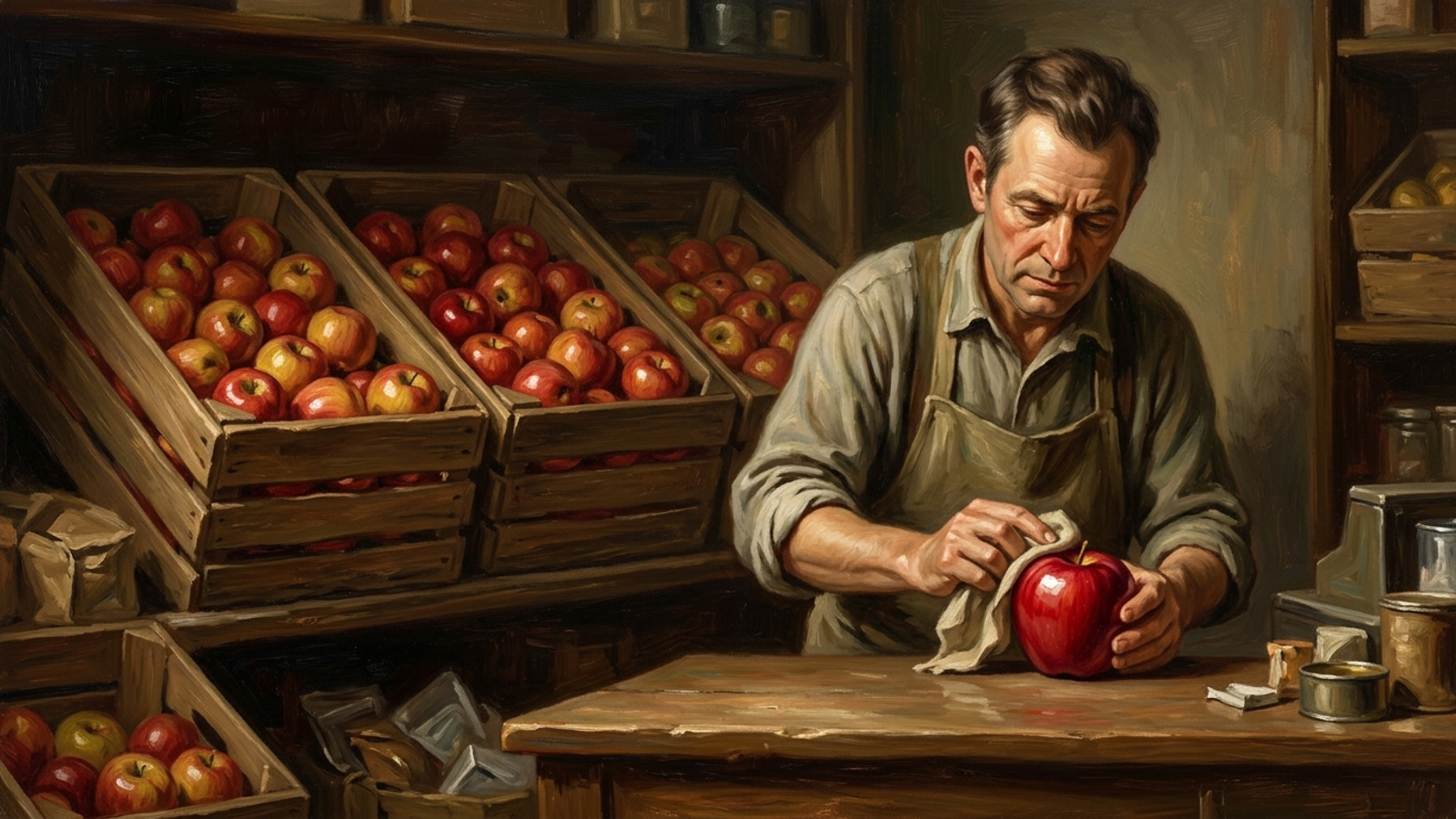A shopkeeper polishing one apple while crates of good apples sit behind him
