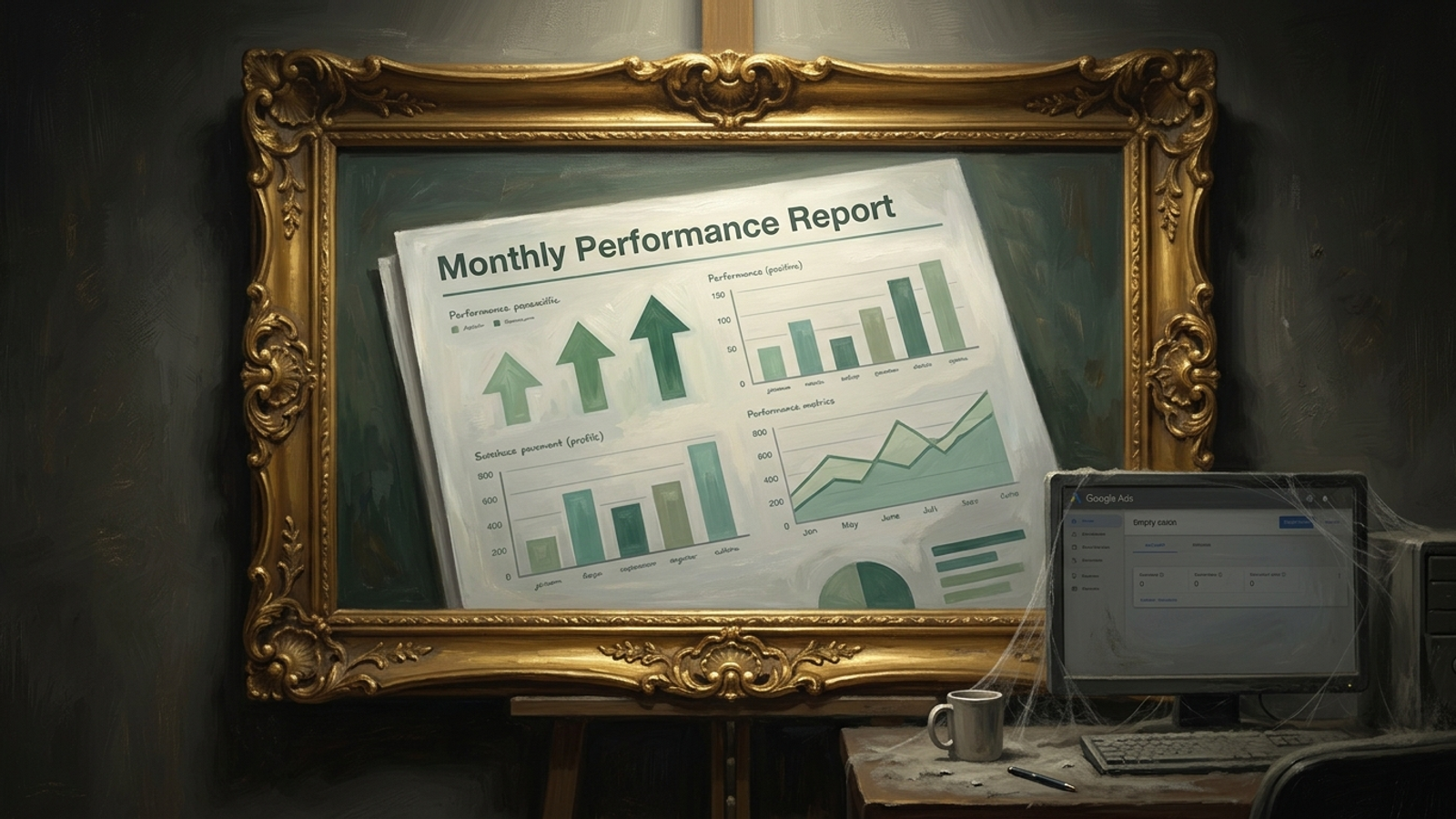 A framed monthly report full of green charts hangs in a gallery while an unattended Google Ads account gathers cobwebs behind it