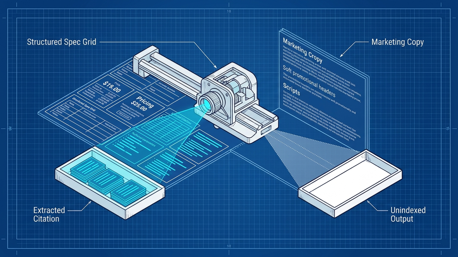 Cutaway illustration comparing structured page details with web copy an answer engine skips