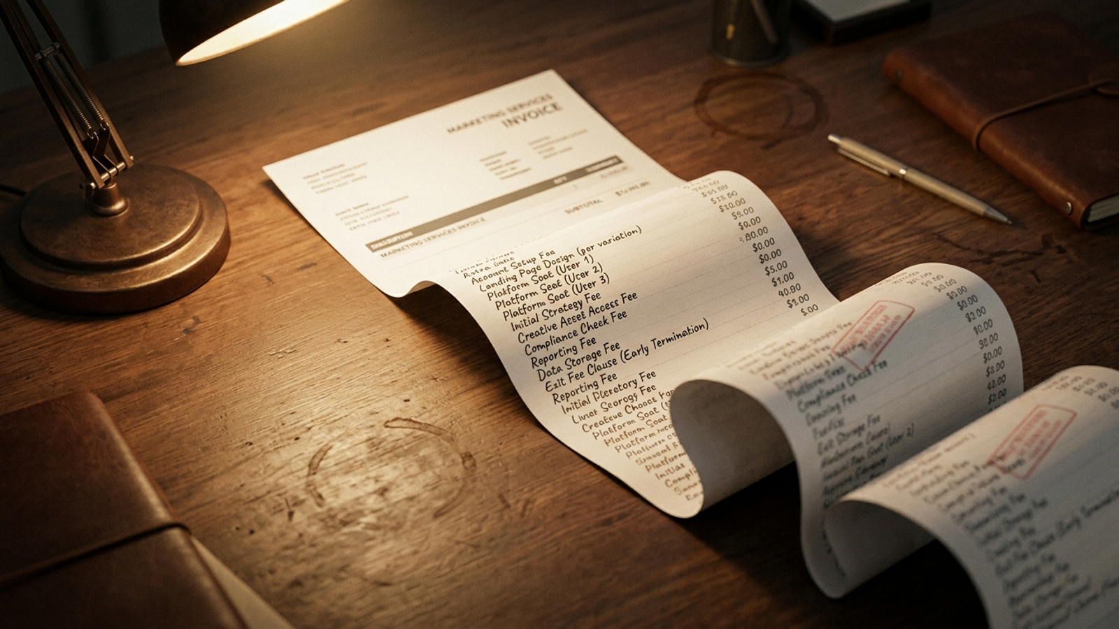 Surreal still life of an itemized invoice with hidden fee lines unfolding