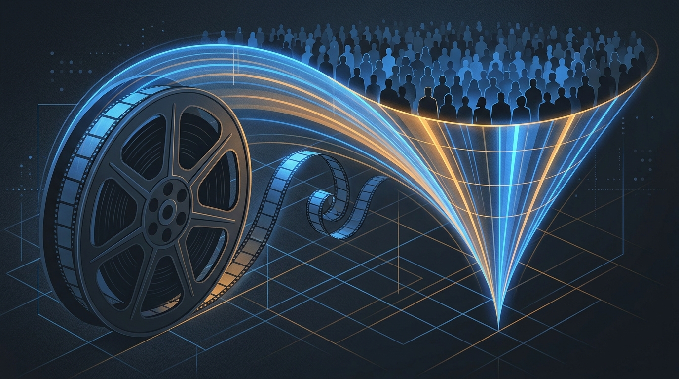 Wide editorial illustration of a cinematic video reel unfurling into a bold performance funnel, glowing blue and amber, set against a deep charcoal background