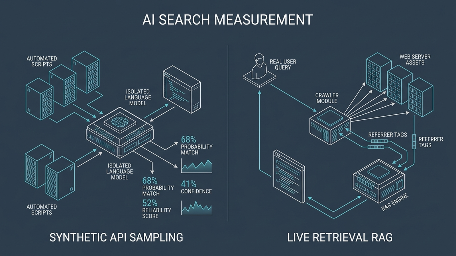 Diagram contrasting automated API prompt checks with live web retrieval and crawler requests.
