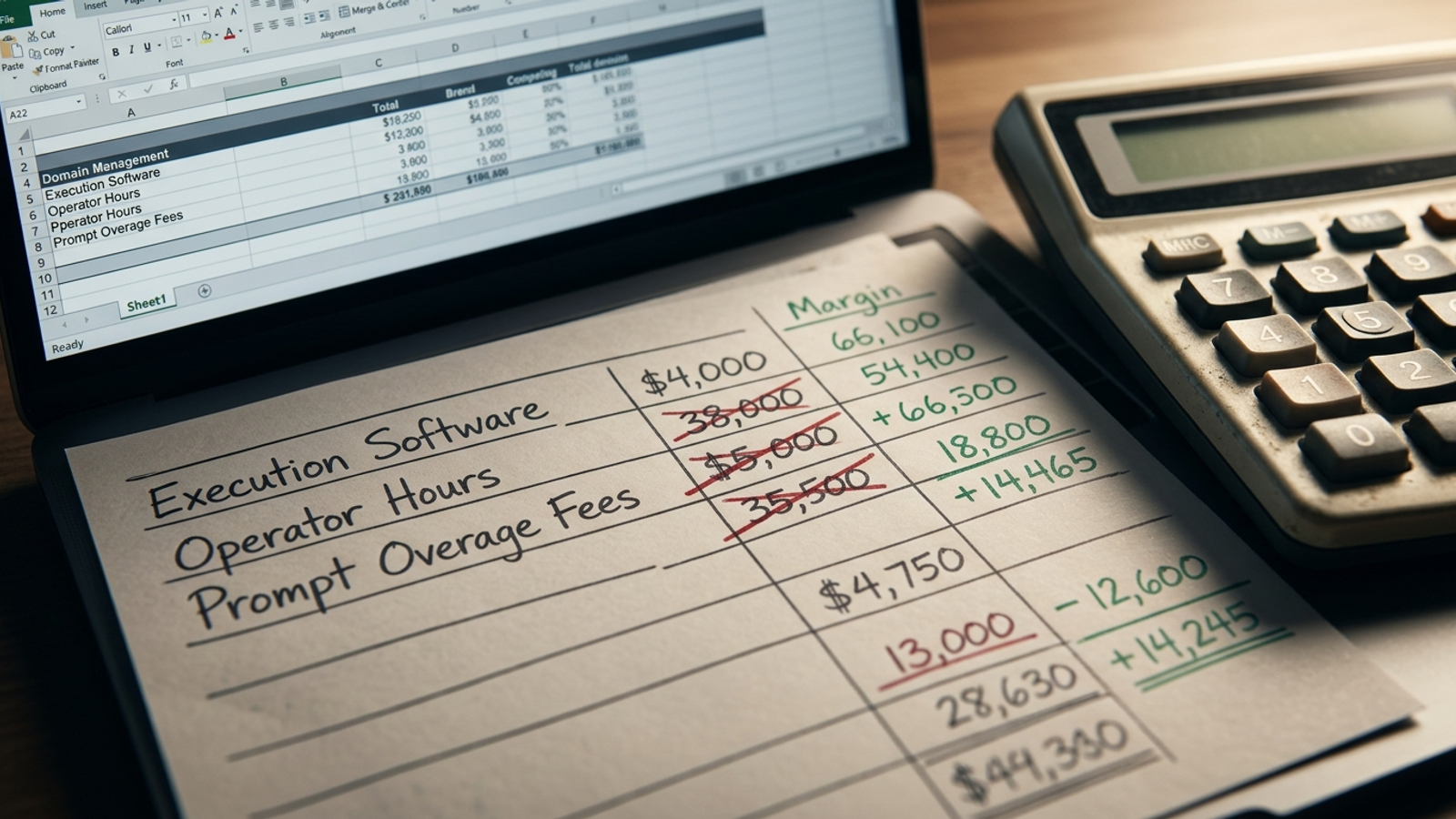 Spreadsheet comparing execution-model, monitoring, labor, and onboarding costs for ten domains