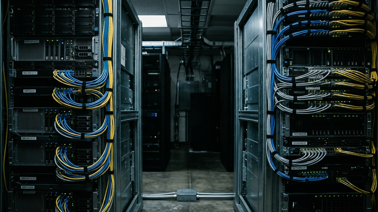 Enterprise server racks with intricate cable management, representing legacy PPC software architecture