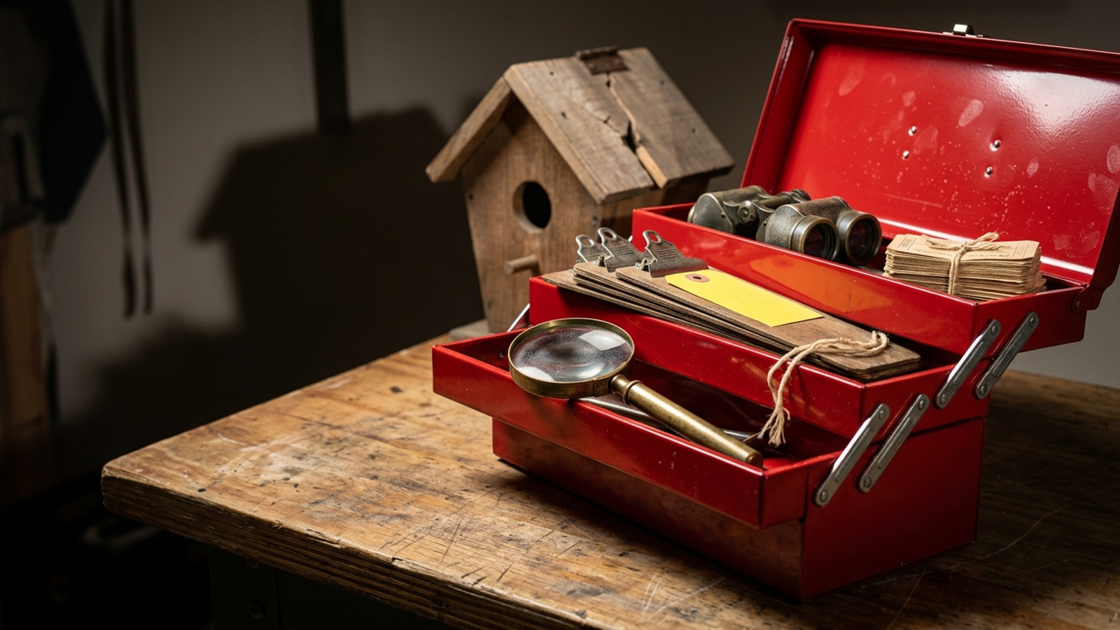 A shiny red toolbox opened to reveal only magnifying glasses, clipboards and warning tags, no real tools, beside a broken birdhouse it never fixed.
