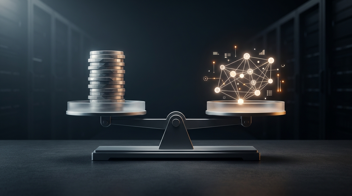 A precision scale balancing stacked currency coins against a glowing abstract node network, symbolizing cost versus value in Google Ads management