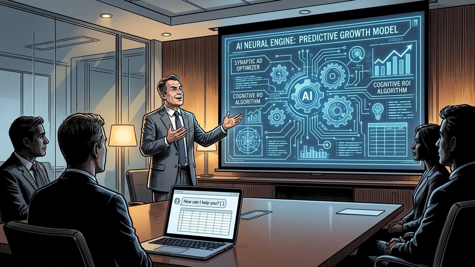 Agency presentation featuring an AI diagram beside a laptop with a chatbot tab.