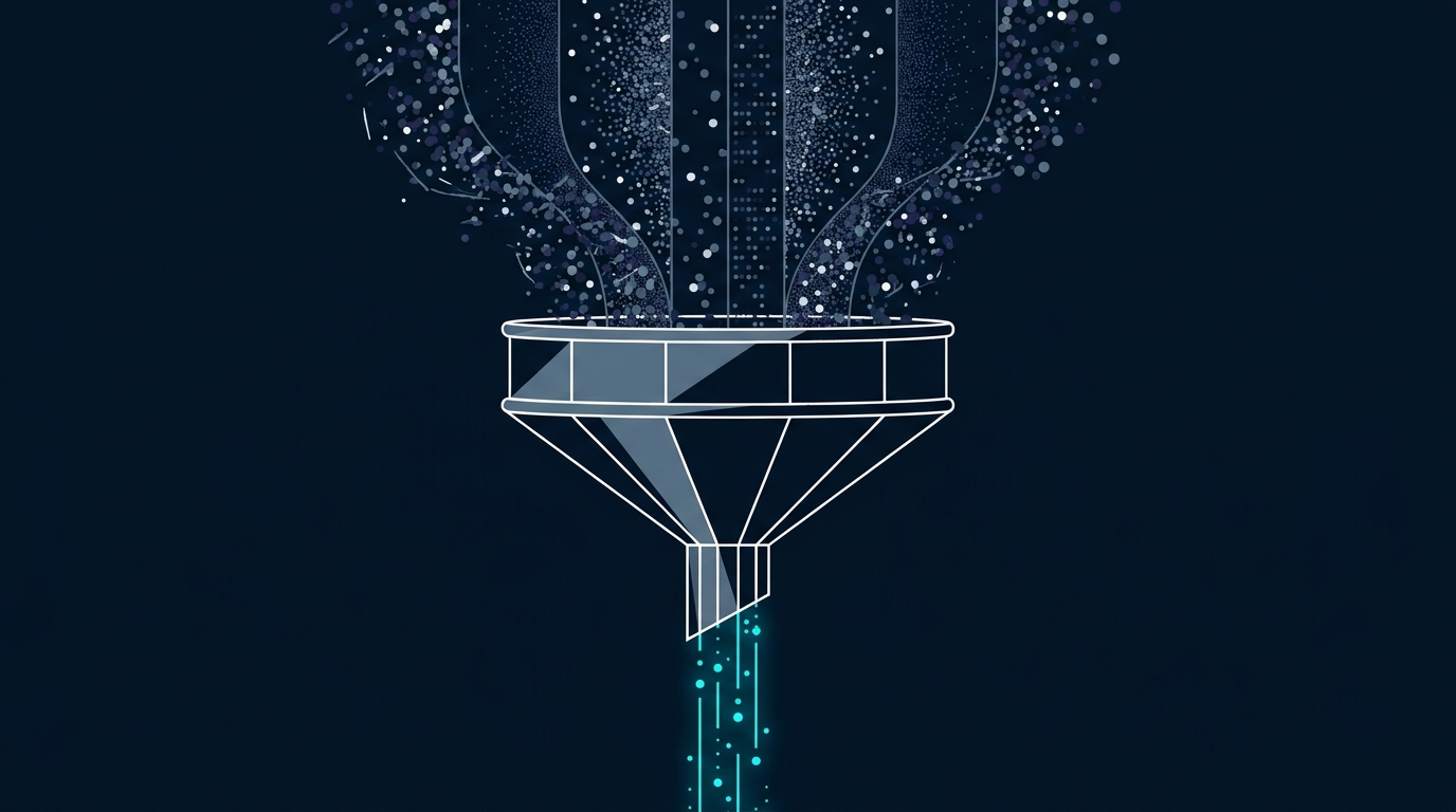 Abstract editorial illustration of a precise filter or sieve separating signal from noise, representing negative keyword filtering across industry verticals in Google Ads