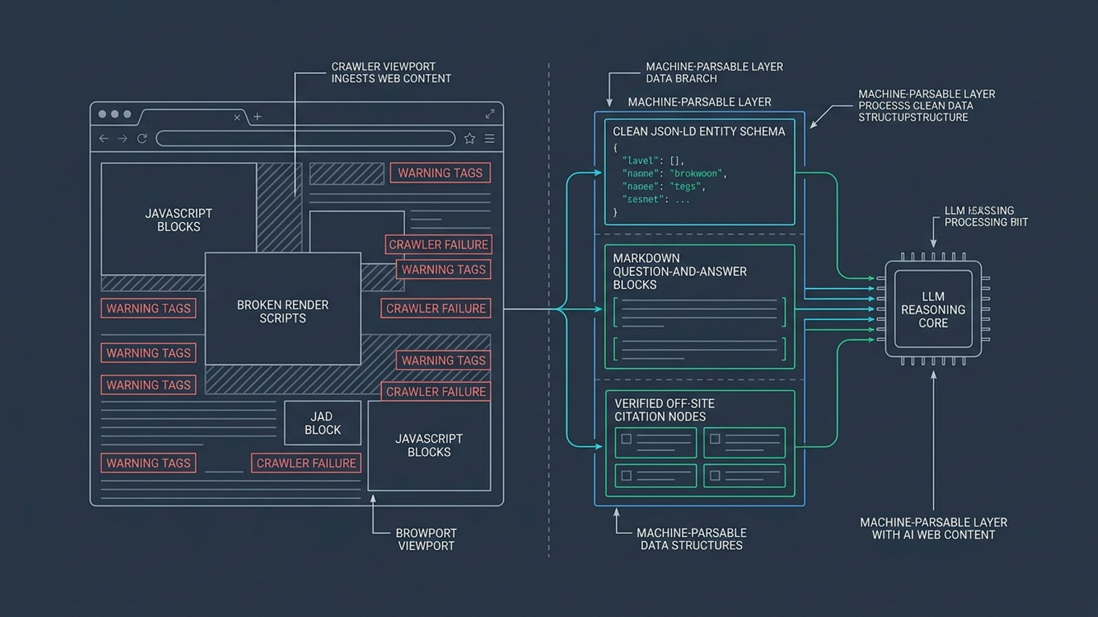 Diagram comparing a script-heavy page with machine-readable content and schema