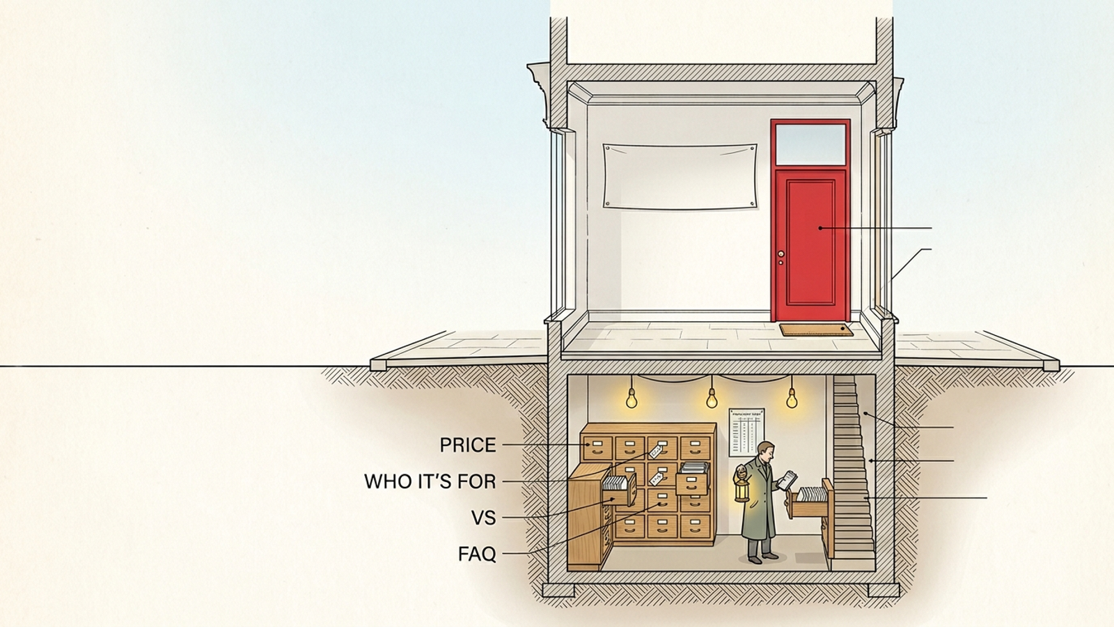 Cutaway of a sleek shop with one red door kept untouched, while a scout reads labelled drawers of prices and FAQs in a new basement beneath it.