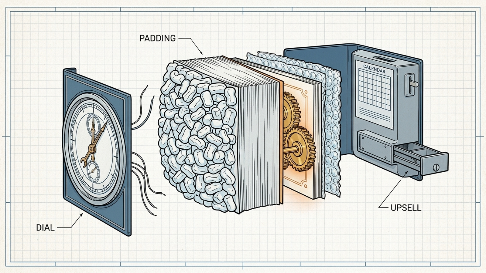 Exploded diagram of a report: a useless dial cover, a bulk of foam padding, three working orange gears labelled action, and a cash drawer labelled upsell.