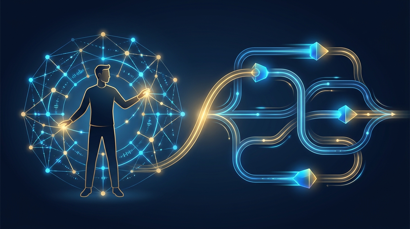 A human and an AI agent working in seamless partnership, overseeing a network of automated campaign flows at scale — editorial illustration