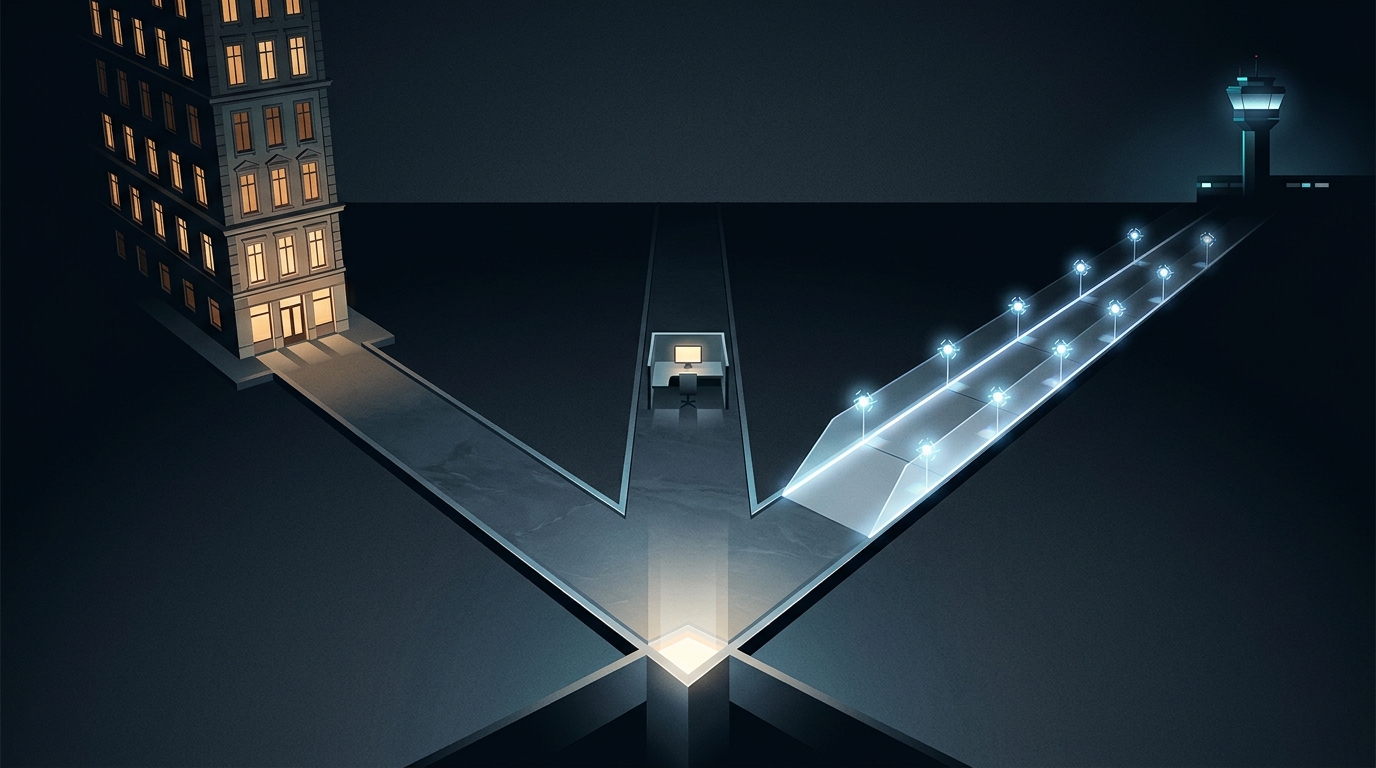 Three diverging paths in a sleek editorial illustration representing agency, freelancer, and autonomous AI management choices for Google Ads in 2026