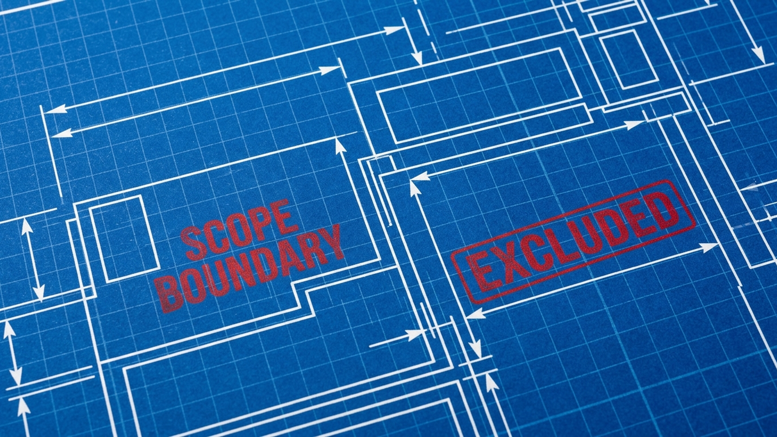 Technical blueprint marked with scope boundaries and out-of-scope zones.